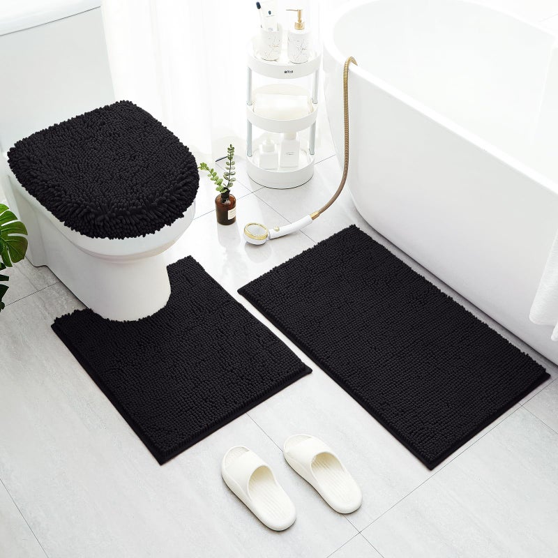 BYSURE Black Bathroom Rugs Sets 3 Piece with Toilet Lid Cover Non Slip Extra Absorbent Plush Chenille Soft Washable Bath Mats - Image 1